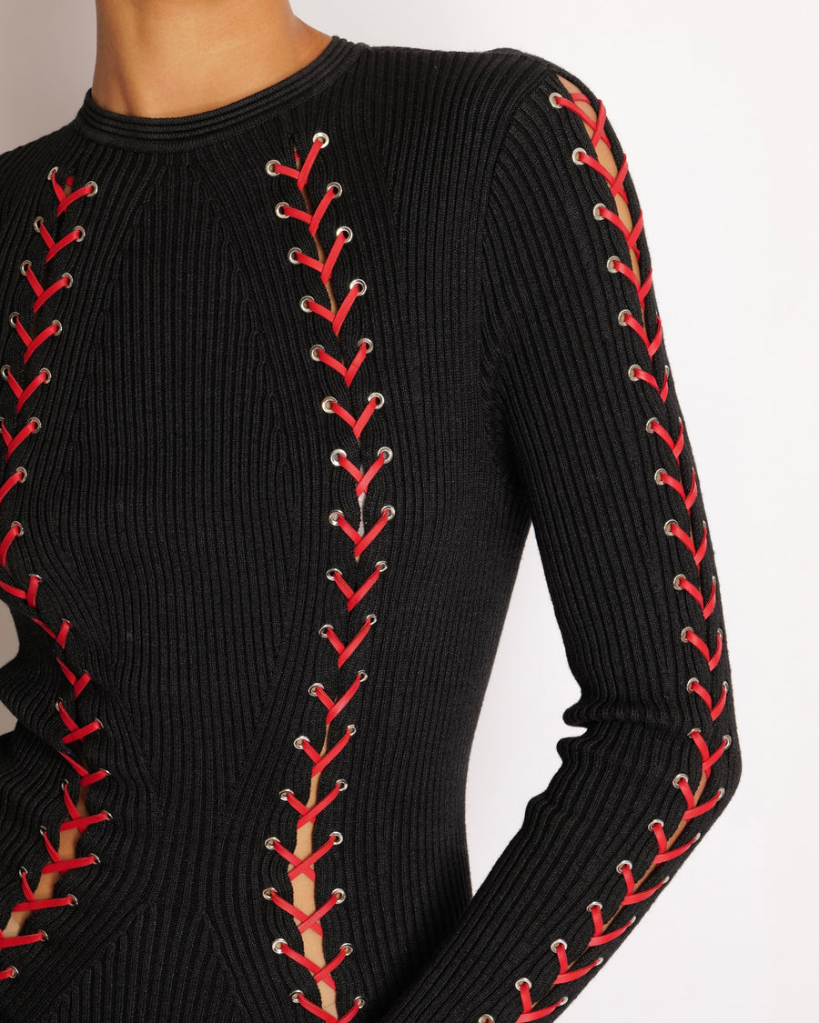 Alexander McQueen Fall 2017 Black Knit Ribbed Mini Dress with Red Leather Tie Details Size S (UK 8) RRP £2,800