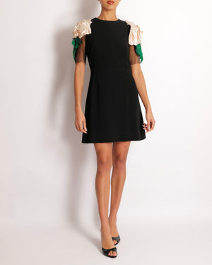 Dolce & Gabbana Black Mini Dress with Mesh Short Sleeves and Floral Shoulder Details Size IT 42 (UK 10)