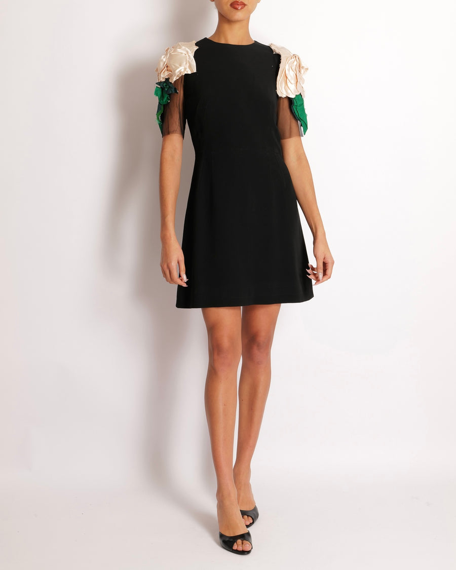 Dolce & Gabbana Black Mini Dress with Mesh Short Sleeves and Floral Shoulder Details Size IT 42 (UK 10)
