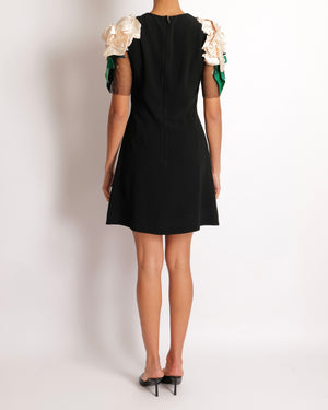 Dolce & Gabbana Black Mini Dress with Mesh Short Sleeves and Floral Shoulder Details Size IT 42 (UK 10)