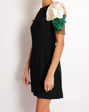 Dolce & Gabbana Black Mini Dress with Mesh Short Sleeves and Floral Shoulder Details Size IT 42 (UK 10)