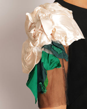 Dolce & Gabbana Black Mini Dress with Mesh Short Sleeves and Floral Shoulder Details Size IT 42 (UK 10)