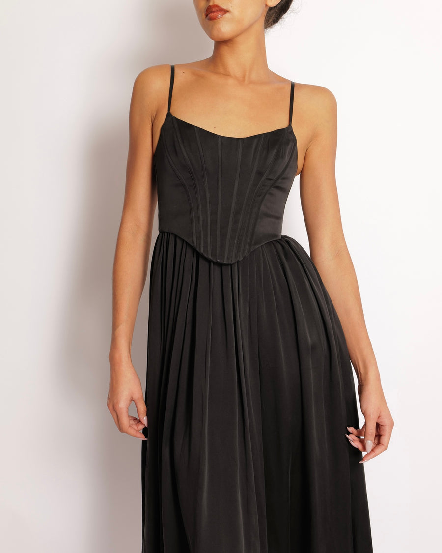 Zimmermann Black Silk Midi Dress with Pleated Skirt and Corset Detail Size 0P (UK 6)