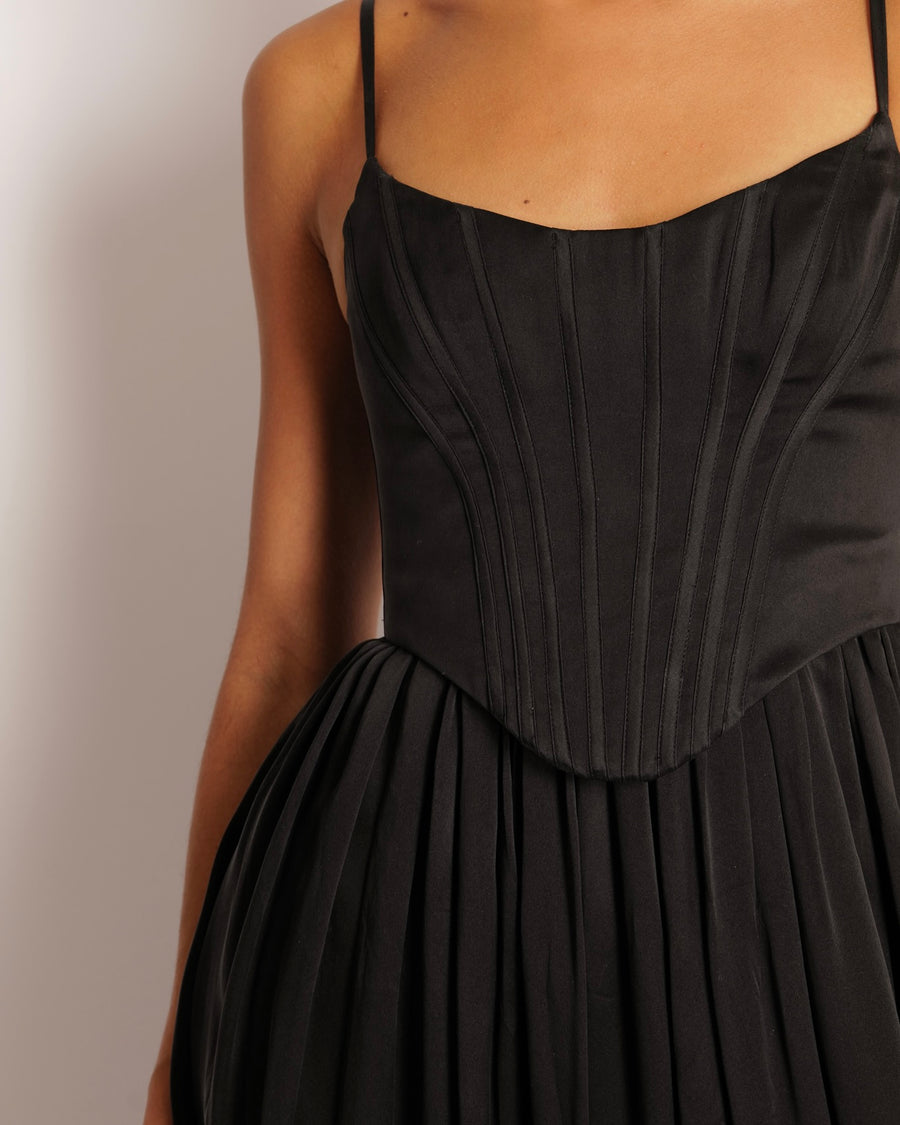 Zimmermann Black Silk Midi Dress with Pleated Skirt and Corset Detail Size 0P (UK 6)