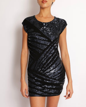 Roberto Cavalli Black Sleeveless Mini Dress with Navy Sequin Embellishments Size IT 38 (UK 6)