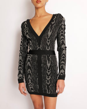 Balmain Black and Grey Bodycon Long-Sleeve Dress with V-neck and Shoulder Pads Size FR 38 (UK 10)