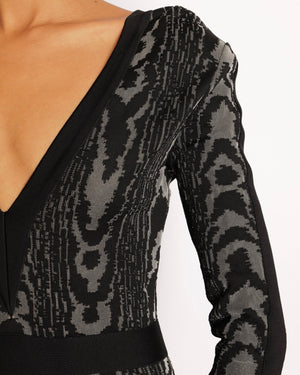 Balmain Black and Grey Bodycon Long-Sleeve Dress with V-neck and Shoulder Pads Size FR 38 (UK 10)