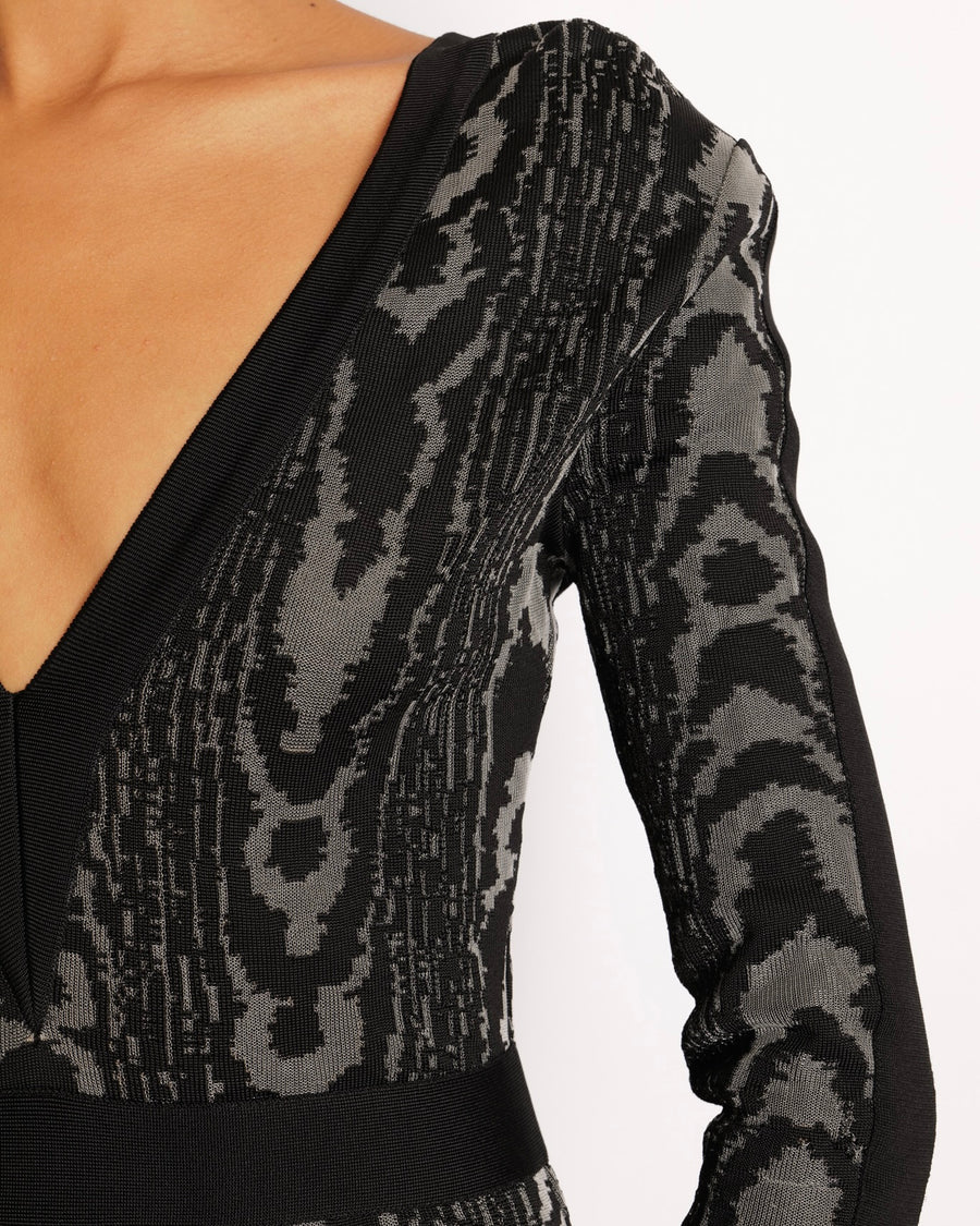 Balmain Black and Grey Bodycon Long-Sleeve Dress with V-neck and Shoulder Pads Size FR 38 (UK 10)