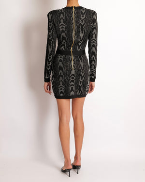 Balmain Black and Grey Bodycon Long-Sleeve Dress with V-neck and Shoulder Pads Size FR 38 (UK 10)