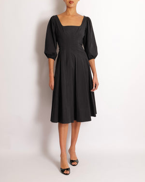 Staud Black Midi Dress with Square Neckline Detail and Puff Sleeves Size US 8 (UK 12)