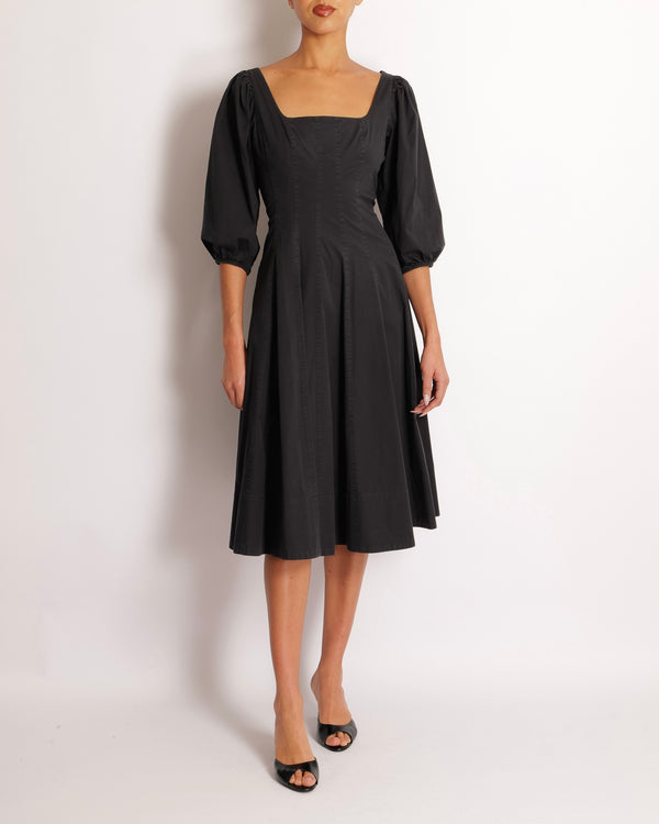 Staud Black Midi Dress with Square Neckline Detail and Puff Sleeves Size US 8 (UK 12)