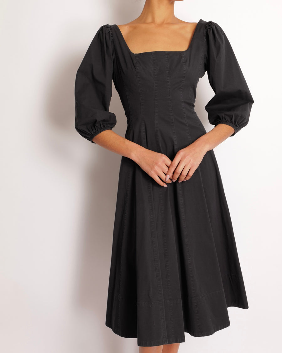 Staud Black Midi Dress with Square Neckline Detail and Puff Sleeves Size US 8 (UK 12)