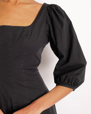 Staud Black Midi Dress with Square Neckline Detail and Puff Sleeves Size US 8 (UK 12)