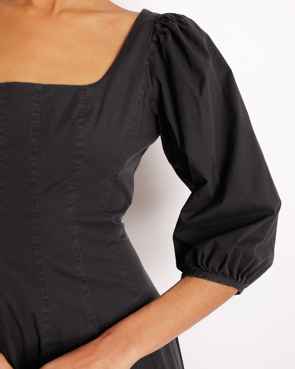 Staud Black Midi Dress with Square Neckline Detail and Puff Sleeves Size US 8 (UK 12)