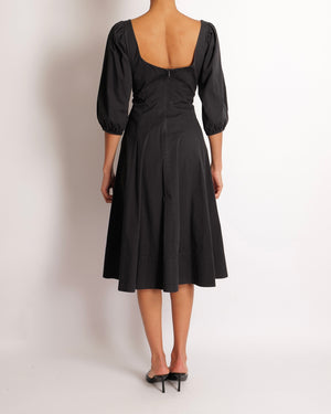 Staud Black Midi Dress with Square Neckline Detail and Puff Sleeves Size US 8 (UK 12)