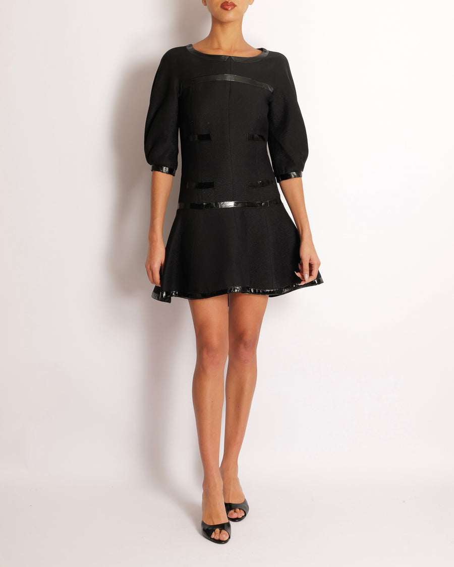 Chanel Black Mini Dress with Patent Leather Effect Trim Details and Globe CC Logo Button Size FR 34 (UK 6)
