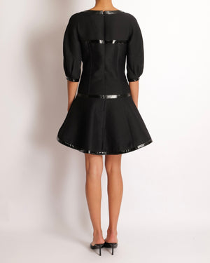 Chanel Black Mini Dress with Patent Leather Effect Trim Details and Globe CC Logo Button Size FR 34 (UK 6)