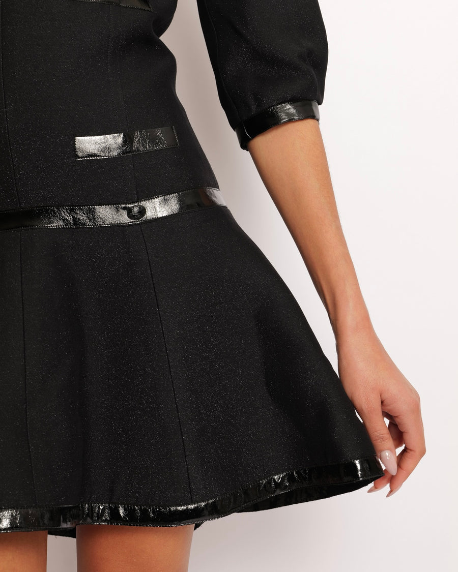 Chanel Black Mini Dress with Patent Leather Effect Trim Details and Globe CC Logo Button Size FR 34 (UK 6)