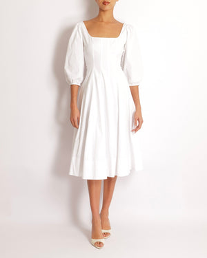 Staud White Midi Dress with Square Neckline Detail and Puff Sleeves Size US 8 (UK 12)