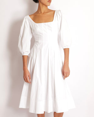 Staud White Midi Dress with Square Neckline Detail and Puff Sleeves Size US 8 (UK 12)