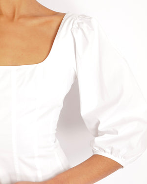 Staud White Midi Dress with Square Neckline Detail and Puff Sleeves Size US 8 (UK 12)