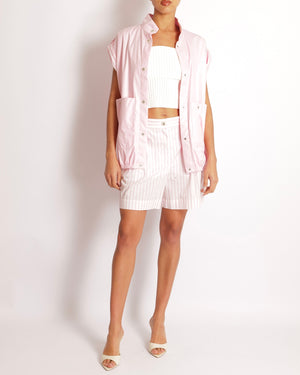 Chanel Pink Short Sleeved Jacket with White and Pink Striped Details and White Pearl and Silver CC Logo Buttons Size FR 36 (UK 8)