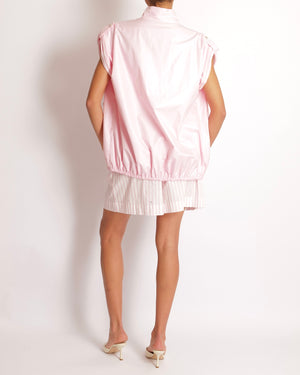 Chanel Pink Short Sleeved Jacket with White and Pink Striped Details and White Pearl and Silver CC Logo Buttons Size FR 36 (UK 8)