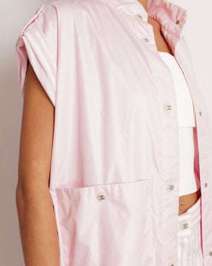 Chanel Pink Short Sleeved Jacket with White and Pink Striped Details and White Pearl and Silver CC Logo Buttons Size FR 36 (UK 8)