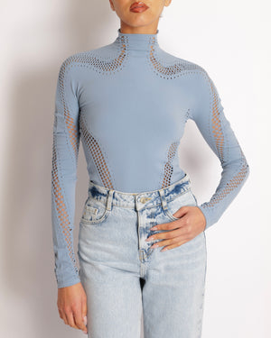 Mugler Baby Blue Perforated Long Sleeved Top with Silver Star Detail Size US 2 (UK 6)