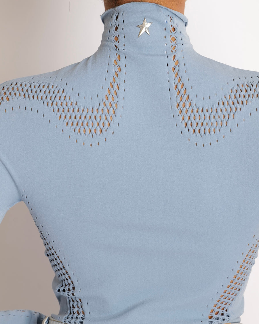 Mugler Baby Blue Perforated Long Sleeved Top with Silver Star Detail Size US 2 (UK 6)