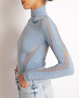 Mugler Baby Blue Perforated Long Sleeved Top with Silver Star Detail Size US 2 (UK 6)