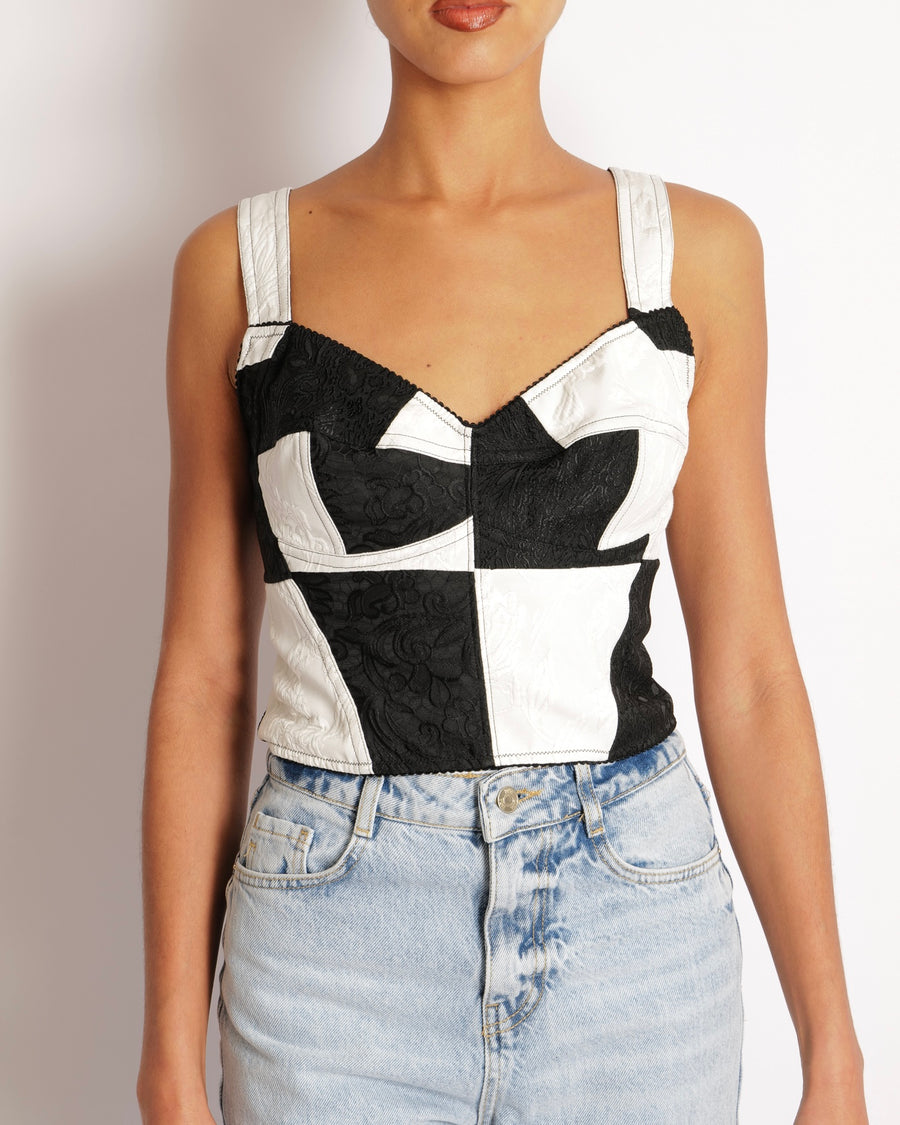 Dolce & Gabbana Black and White Checkered Corset Cropped Top with Floral Embroideries Size IT 42/44 (UK 12/14)