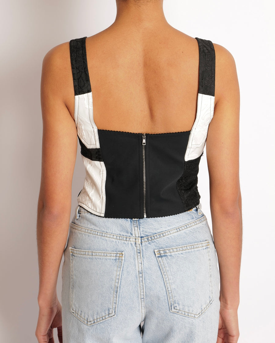 Dolce & Gabbana Black and White Checkered Corset Cropped Top with Floral Embroideries Size IT 42/44 (UK 12/14)