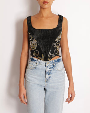 Versace Black Shimmery Corset Crop Top with Gold and Silver Metallic Baroque Prints and Gold Zipper Detail Size IT 44 (UK 12)