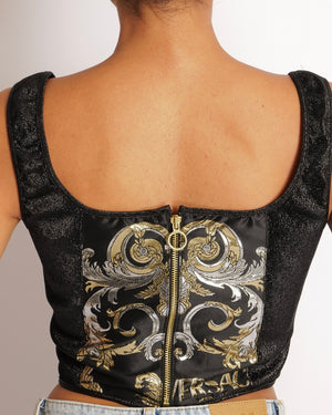 Versace Black Shimmery Corset Crop Top with Gold and Silver Metallic Baroque Prints and Gold Zipper Detail Size IT 44 (UK 12)