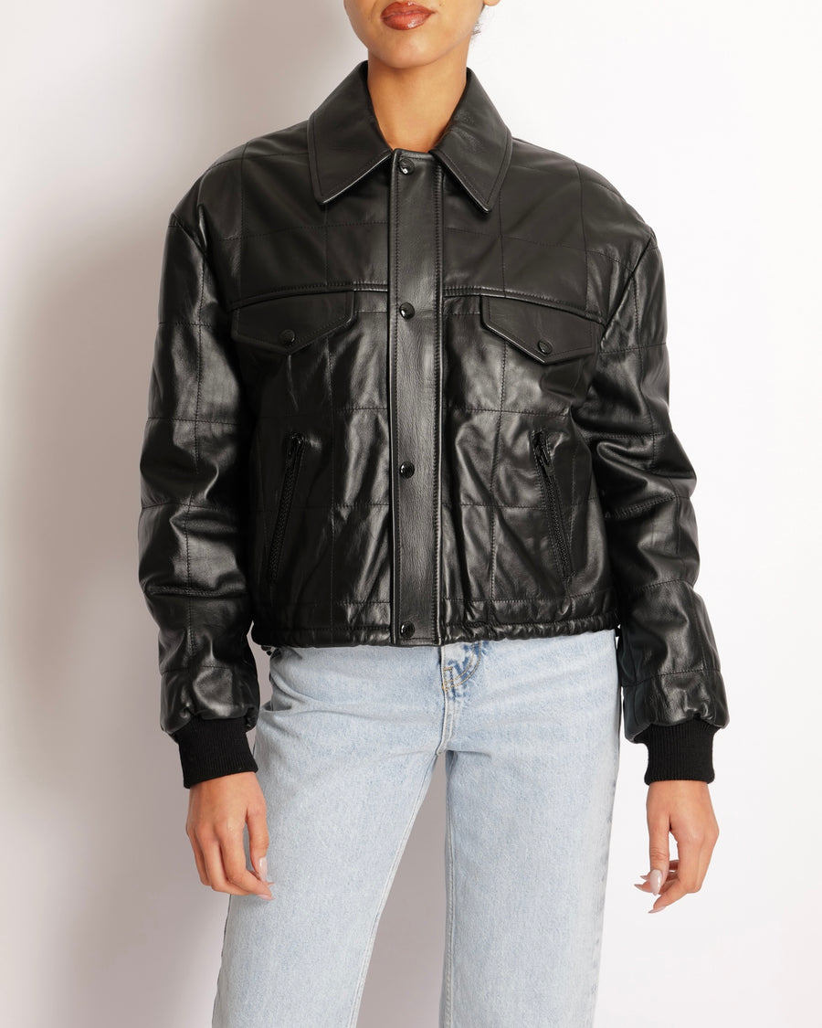 Celine Black Leather Bomber Jacket with Pocket Details Size FR 36 (UK 8)