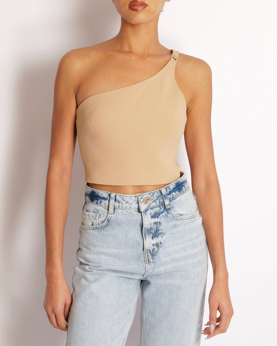 David Koma Beige One Shoulder Cropped Top with Silver Logo Detail Size UK 10 RRP £480