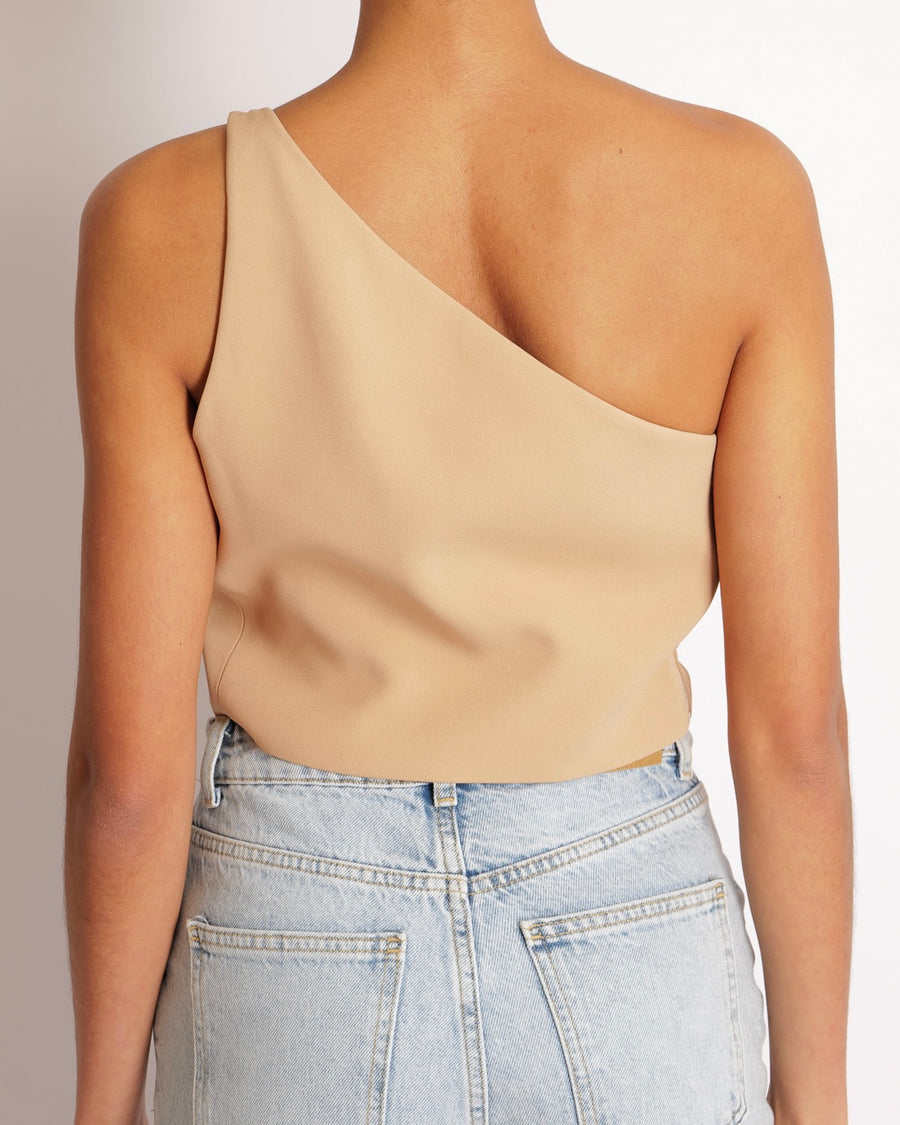David Koma Beige One Shoulder Cropped Top with Silver Logo Detail Size UK 10 RRP £480
