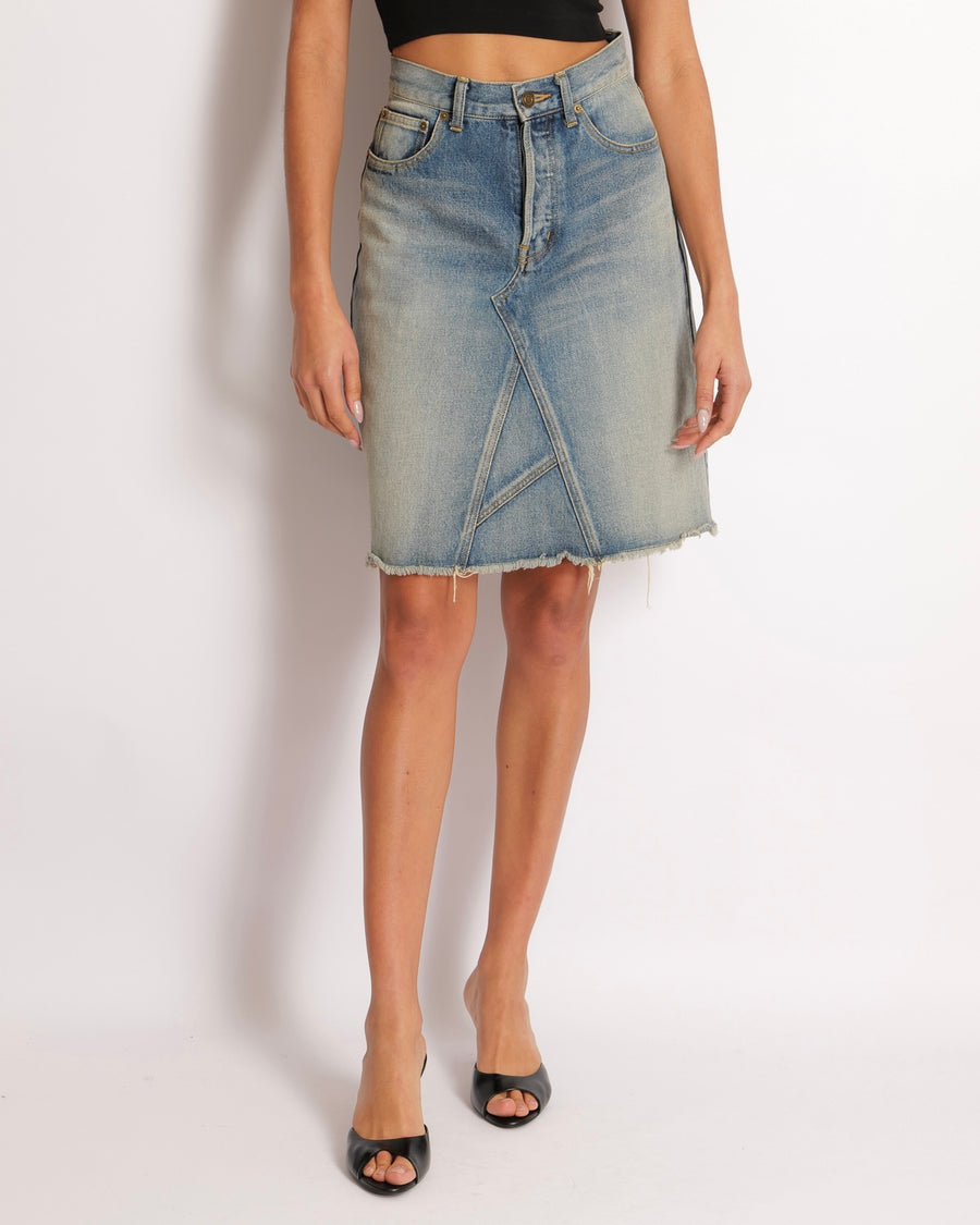 Saint Laurent Denim Mini Skirt with Asymmetric Stitch Details Size 26 (UK 8)