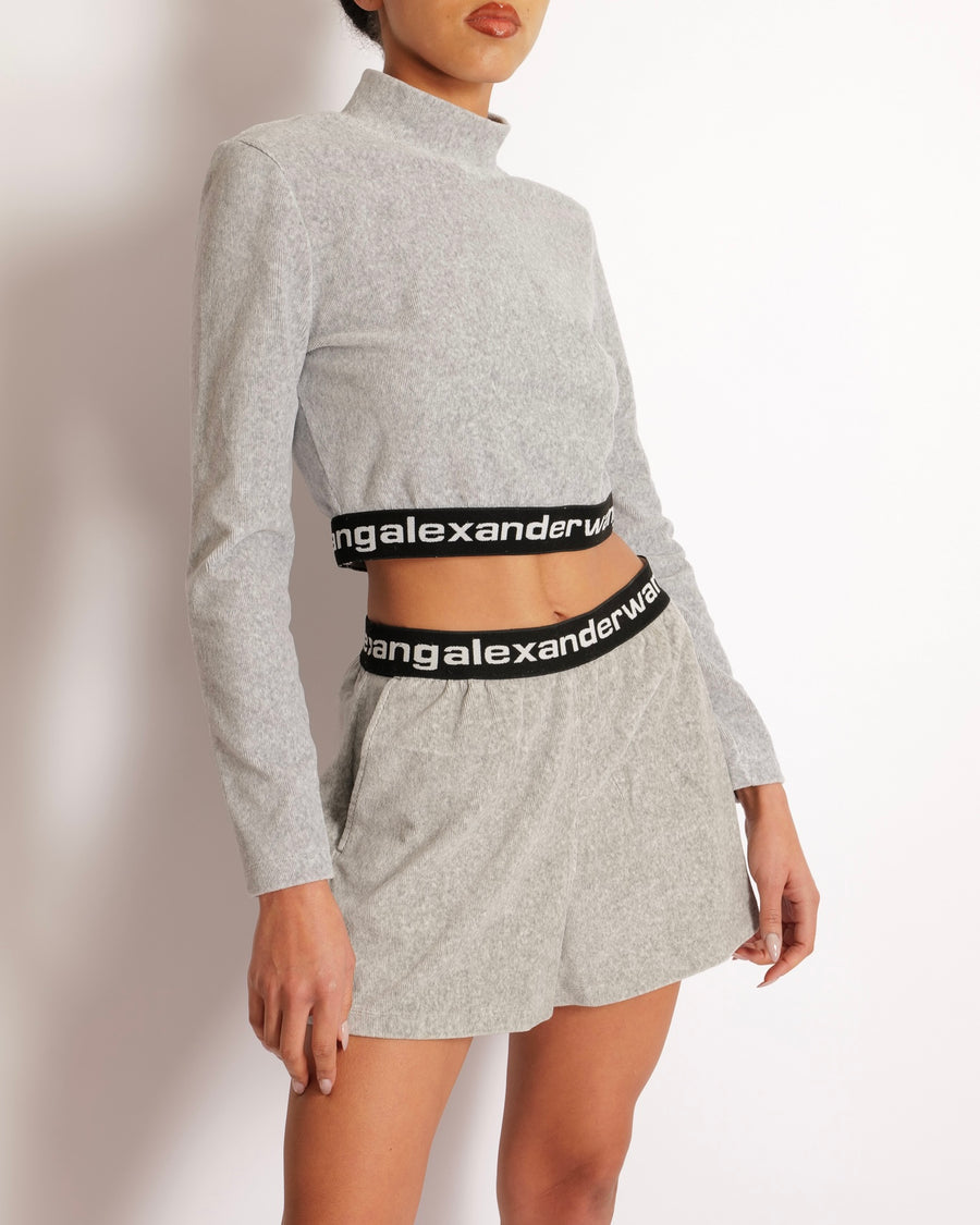 Alexander Wang Light Grey Ribbed Shorts and Top Set with Black Logo Size M (UK 10)