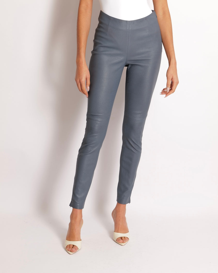 Christian Dior Blue Lambskin Leather Trousers with Side Zipper Details Size FR 36 (UK 8)