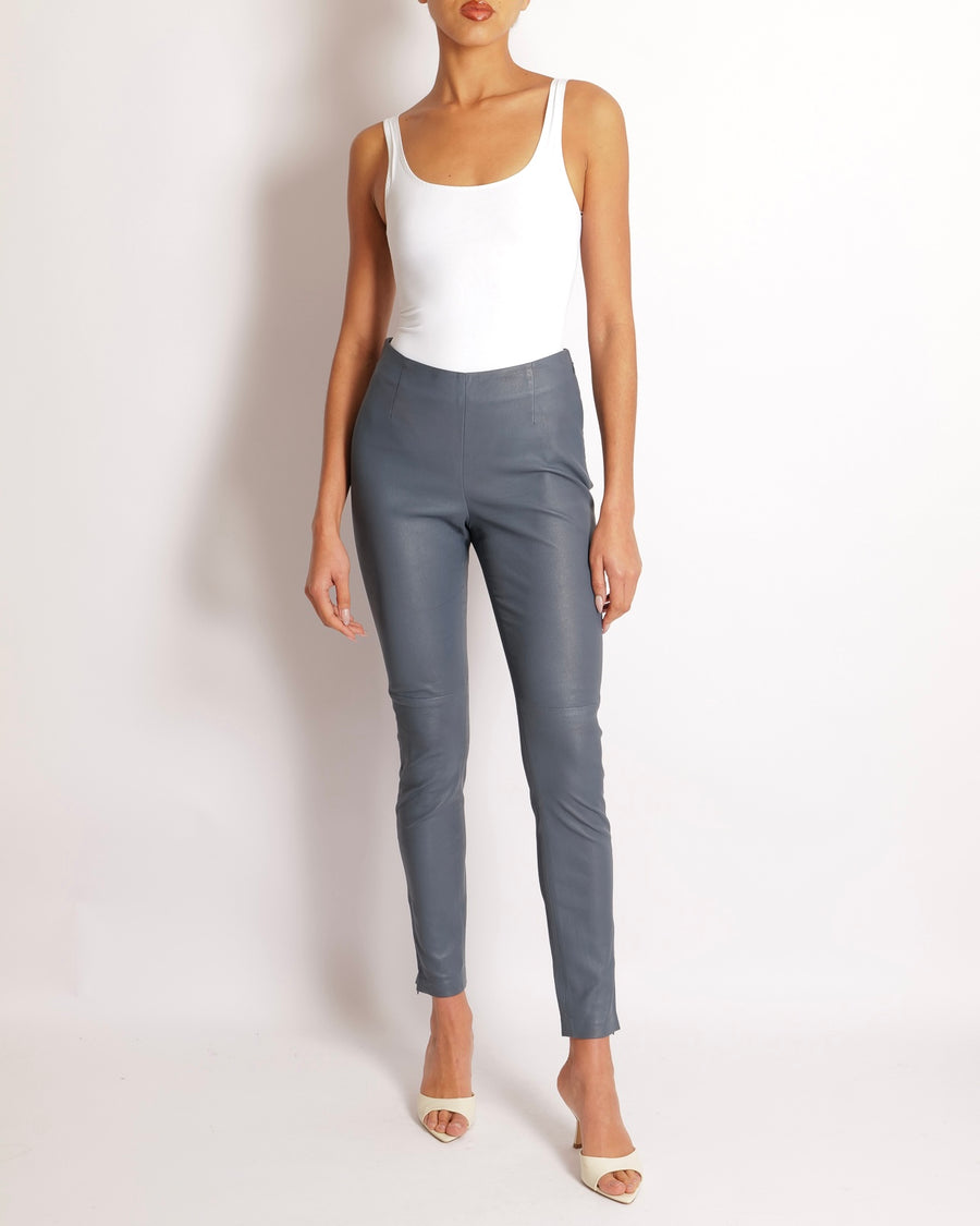 Christian Dior Blue Lambskin Leather Trousers with Side Zipper Details Size FR 36 (UK 8)