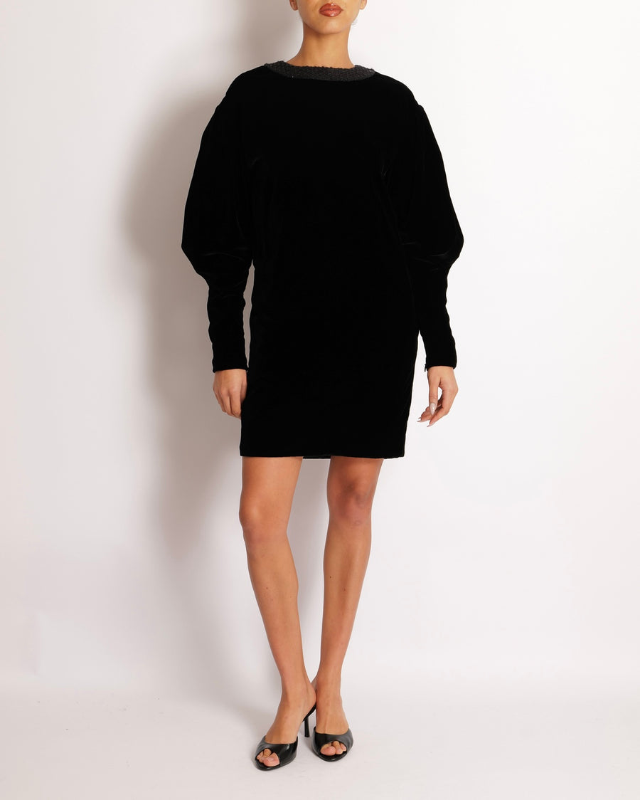 Chanel Black Velours Mini Dress with Black Tweed and Sequins Neckline Detail with Gold CC Logo Buttons Size FR 34 (UK 6)