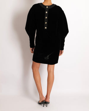 Chanel Black Velours Mini Dress with Black Tweed and Sequins Neckline Detail with Gold CC Logo Buttons Size FR 34 (UK 6)