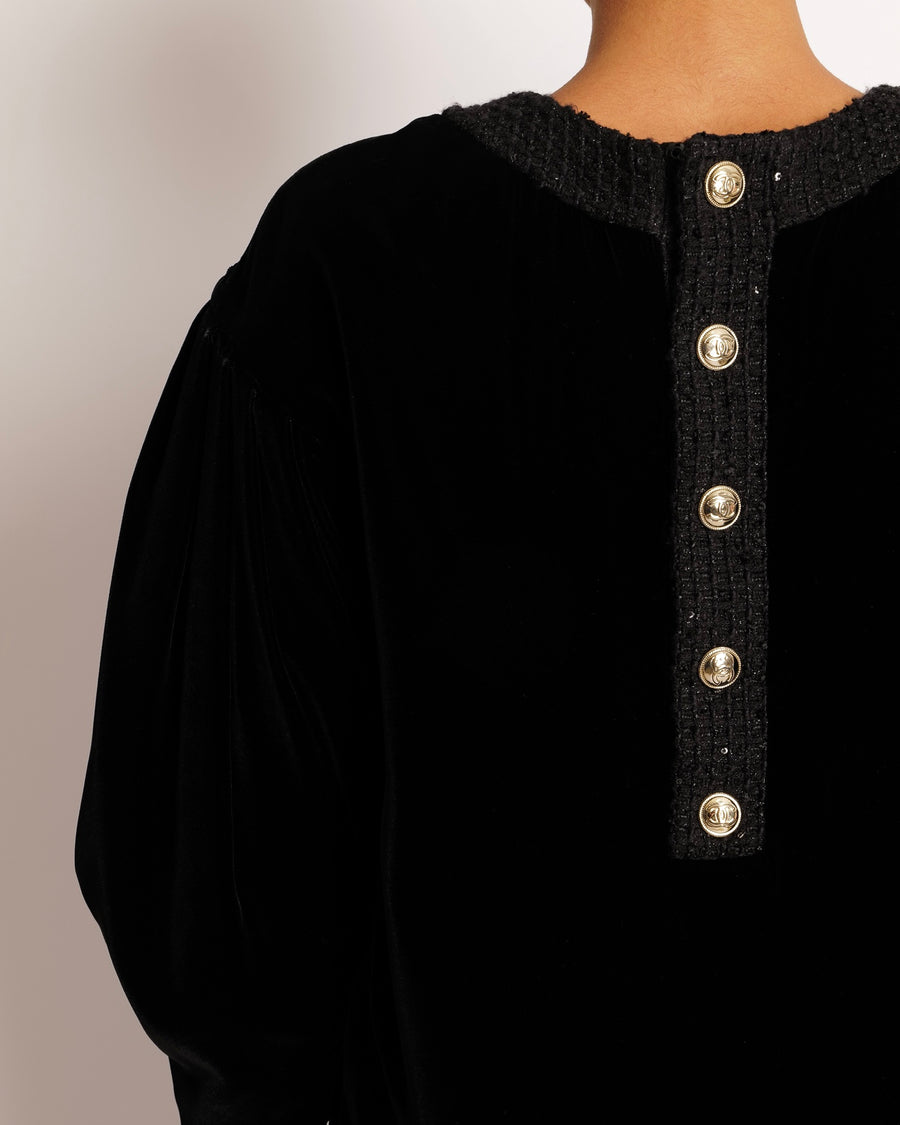 Chanel Black Velours Mini Dress with Black Tweed and Sequins Neckline Detail with Gold CC Logo Buttons Size FR 34 (UK 6)