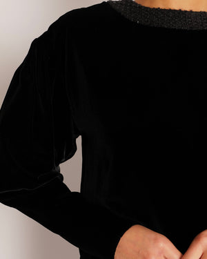 Chanel Black Velours Mini Dress with Black Tweed and Sequins Neckline Detail with Gold CC Logo Buttons Size FR 34 (UK 6)