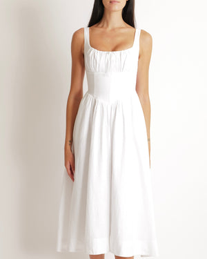 Reformation White Linen Balia Midi Dress with Corset Detail Size US 0 (UK 4)
