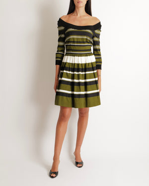 Prada Khaki, Navy & White Striped Mid-Sleeve Off-Shoulder Dress Size IT 40 (UK 8)