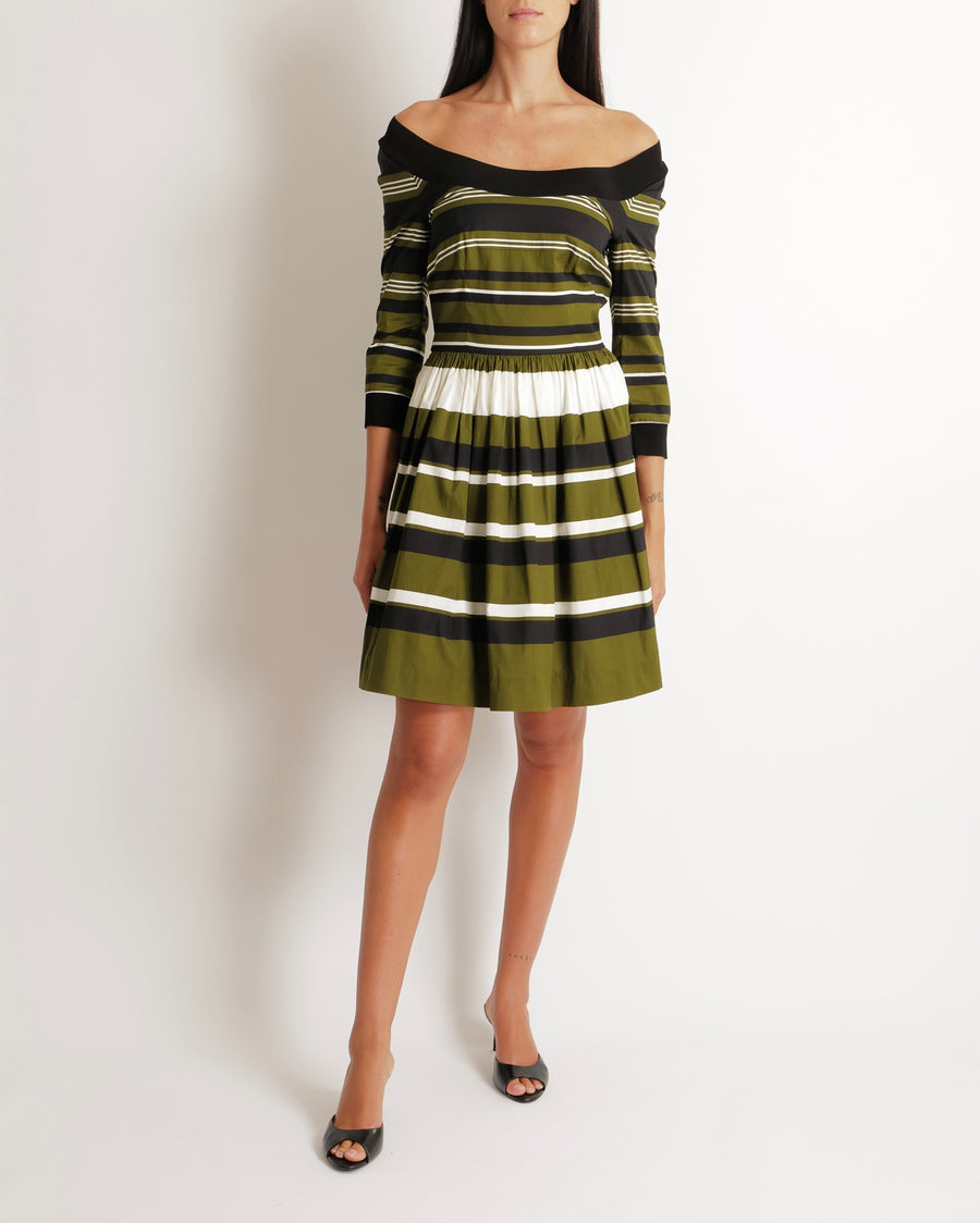 Prada Khaki, Navy & White Striped Mid-Sleeve Off-Shoulder Dress Size IT 40 (UK 8)