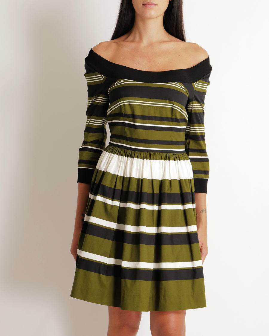 Prada Khaki, Navy & White Striped Mid-Sleeve Off-Shoulder Dress Size IT 40 (UK 8)